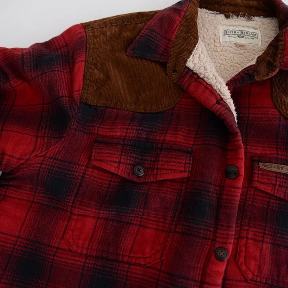 Field And Stream Navy & Red Teddy Bear Lined Corduroy Patches Button Up Shacket - Picture 10 of 11